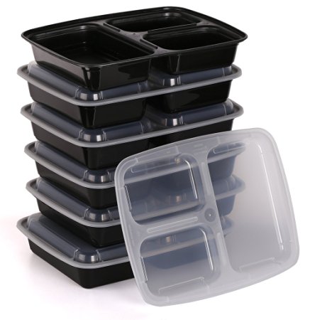 Estilo 3 Compartment Microwave Safe Bento Food Container with Lid 6-pack