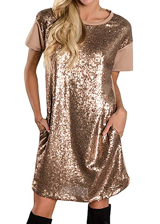 Womens Sparkle Sequin Crew Neck Short Sleeve Mini Dress Tunic T Shirt Tops with Side Slit Christmas Party Club