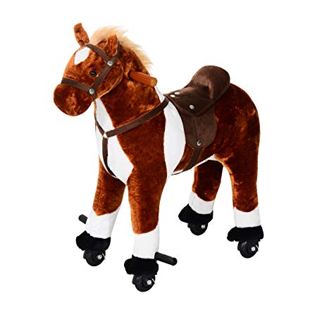 Qaba Kids Plush Ride On Toy Walking Horse with Wheels and Realistic Sounds - Brown