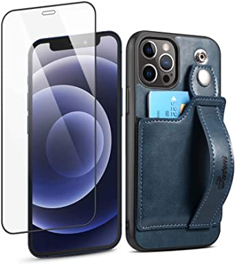 iPhone 12 Case Wallet, iPhone 12 Pro Wallet Case with Card Holder, SINIANL Leather Kickstand Card Slot Case with Screen Protector, Wrist Hand Strap Protective Cover for iPhone 12/12 Pro 6.1 inch Blue