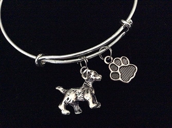 Puppy Expandable Charm Bracelet Silver 3D Dog with Paw Print