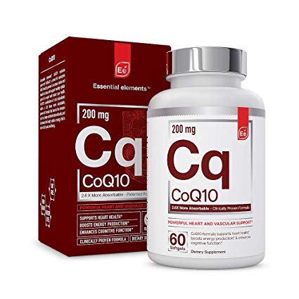 CoQ10 Heart, Brain, and Vascular Support | 200 mg Clinically Proven, Patented Formula - Essential Elements | 2.6 Times Higher Absorption - 60 Softgels, 2 Month Supply