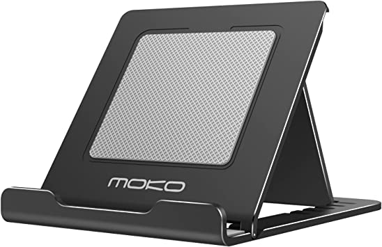 MoKo Phone/Tablet Stand, Aluminum Foldable Desktop Phone Holder for 4-12.9" Device, Fit with iPhone 13 iPad 9 iPad Mini 6, iPhone 12 Pro/iPad Air 4/3, Mini 5/4/3/2/1, Galaxy S20- Large, Black