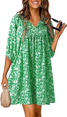 Dokotoo Womens Summer Dresses 2024 Boho Floral Drawstring V Neck Chiffon Lantern Sleeve Casual Beach Mini Dress Sundress