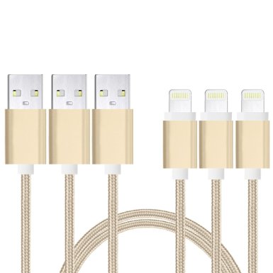 Charm sonic 3Pack-3.3Feet(1.0Meters), Iphone USB Charger Cable, Lightning Cable for Iphone 5, 5s.5c,6,6s,6Plus,Ipad,Power Cord Connector with Nylon Braided (Golden)