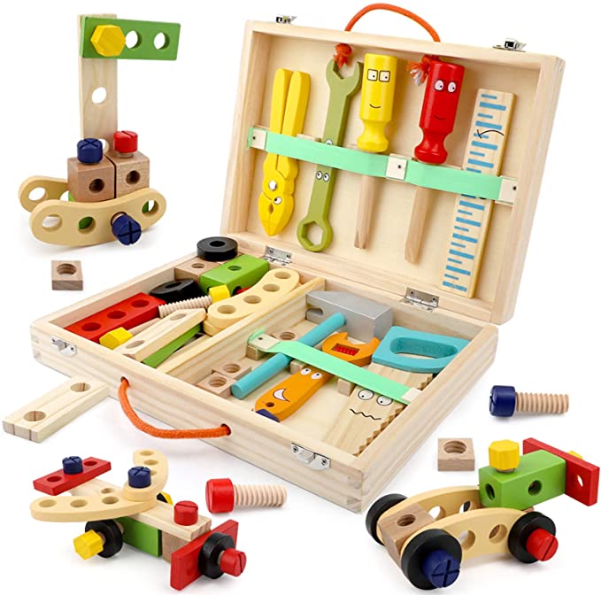 BeebeeRun Tool Kit for Kids Wooden Tool Box Set with Colorful Tools Pretend Play Toys Gifts for Toddlers Boys Girls Educational Construction Toy