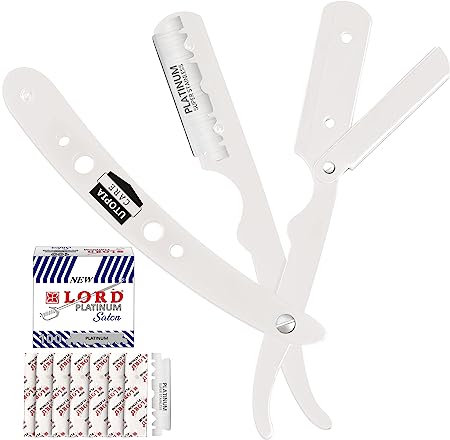 Utopia Care Professional Barber Straight Edge Razor Safety with 100-Pack Lord Blades - 100 Percent Stainless Steel (White)