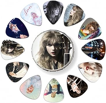 12 Packs Guitar Picks with Tin Box Tay-lor Fans Love 0.71mm Portrait Celluloid Guitar Pick for Acoustic Guitar, Violin, Ukulele, Bass…
