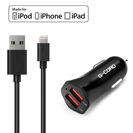 Apple MFI Certified G-Cord 3FT 8 Pin Lightning Cable with 48A Dual USB Car Charger for  iPhone iPod and iPad