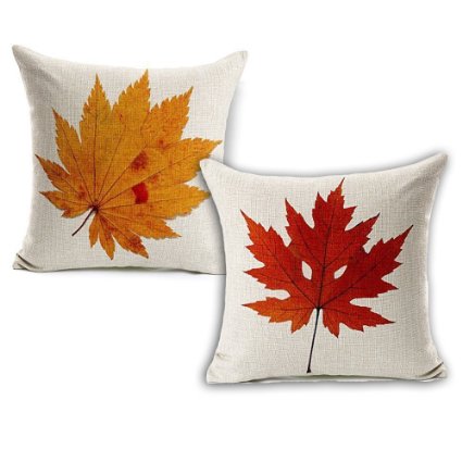 Wonder4 Set of 2pcs Autumn Leaves Print Cotton Linen Throw Pillow Cover Cushion Case 18"x18"