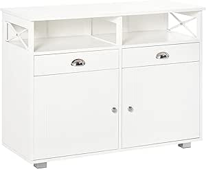 HOMCOM Sideboard Buffet Cabinet, Coffee Bar Cabinet, Kitchen Cabinet with Storage Drawers, Large Tabletop and Crossbar Side Design, White