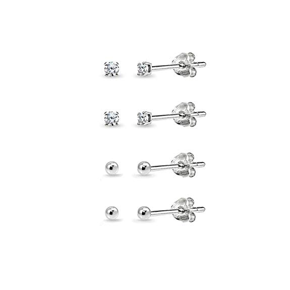 Sterling Silver Small Round CZ Stud & Ball Bead Stud Earrings Set Combos, Choice of Set and Metal
