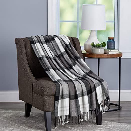 Lavish Home Collection Soft Blanket-Oversized, Luxuriously Fluffy, Vintage Look and Cashmere-Like Woven Acrylic - Breathable, Stylish Throws, Phantom Plaid