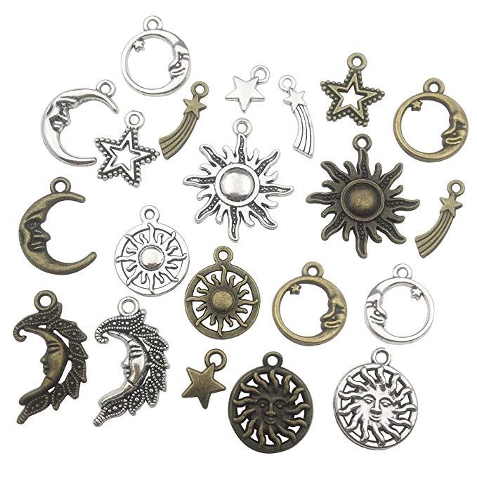 100g (about 80pcs) Craft Supplies Celestial Collection Charms Pendants for Crafting, Jewelry Findings Making Accessory For DIY Necklace Bracelet (sun moon star charms)