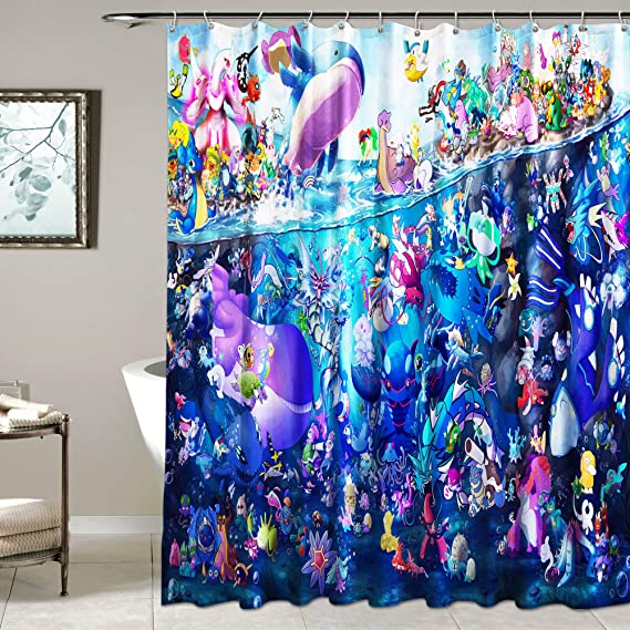 Pokemon Shower Curtain Anime Merchandise for Bathroom Waterproof Fabric Shower Curtain with Hooks 72x72in