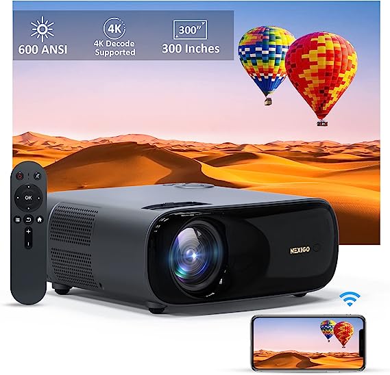 NexiGo PJ40 Movie Projector, 700 ANSI Lumens, Native 1080P, 4K Supported, 300 Inch, Auto Vertical Keystone, Zoomable, 20W Speakers, WiFi, Bluetooth 5.1, Compatible w/TV Stick, iOS, Android (Black)