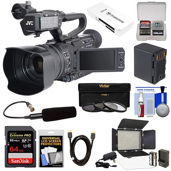 JVC GY-HM170U Ultra 4K HD 4KCAM Professional Camcorder & Top Handle Audio Unit with XLR Microphone   64GB Card   Battery   LED Video Light   Kit