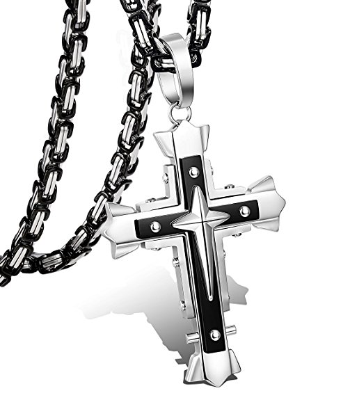 LOLIAS 5MM Stainless Steel Cross Pendant Necklace for Men Byzantine Chain Necklace 22-30 Inches