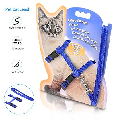 Airsspu Cat Harness Adjustable Nylon Strap Collar With Cat Leash, For Cat and Small Dog Easy Soft Walking