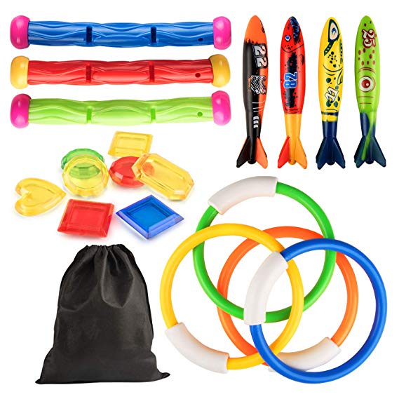 Kupton Diving Pool Toys Underwater Sinking Toy Set Includes Rings(4 Pcs), Torpedo Bandits(4 Pcs), Diving Sticks(3 Pcs), Under Water Treasures (8pcs) with Storage Bag, Summer Swimming Gift for Kids