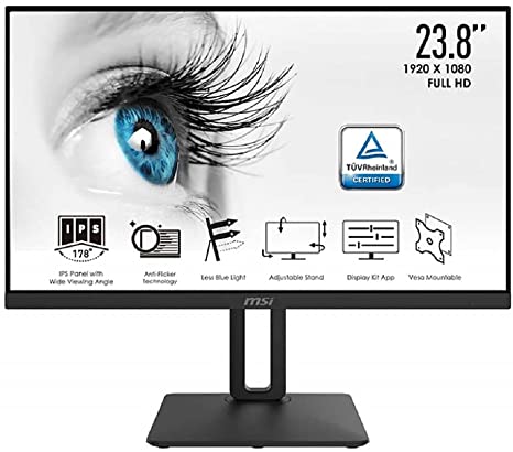 MSI Pro MP242P 24 Inch Full HD (1920 x 1080) Monitor, 75Hz, IPS, 5ms, HDMI, VGA, Adjustable Stand, Anti-Glare, Anti-Flicker, Less Blue Light TÜV Certified, VESA Mount, Built-in Speakers