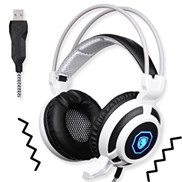 SADES SA905 Wired USB PC Gaming Headset Over-Ear headband Headphones with Microphone Vibration LED Lights(Black&White)