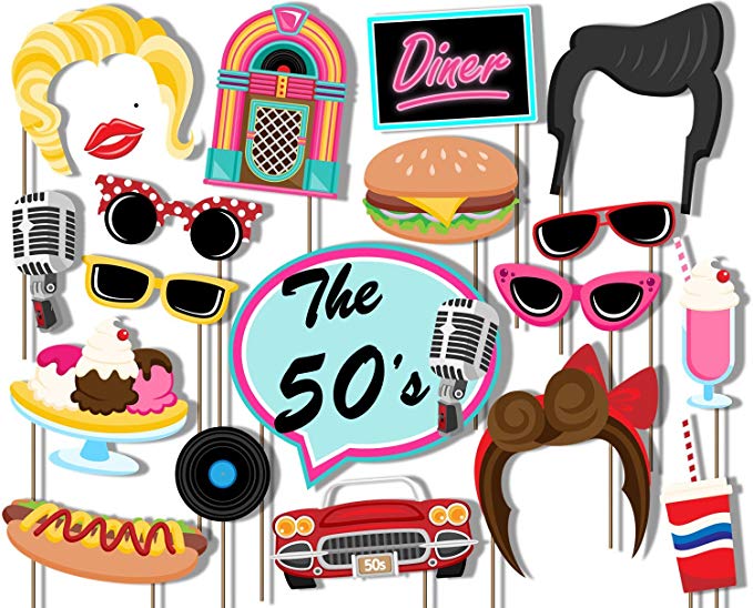 Birthday Galore 50's Diner Photo Booth Props Kit - 20 Pack Party Camera Props Fully Assembled