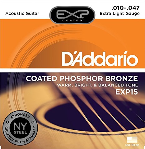 D'Addario EXP15 with NY Steel Phosphor Bronze Acoustic Guitar Strings, Coated, Extra Light, 10-47