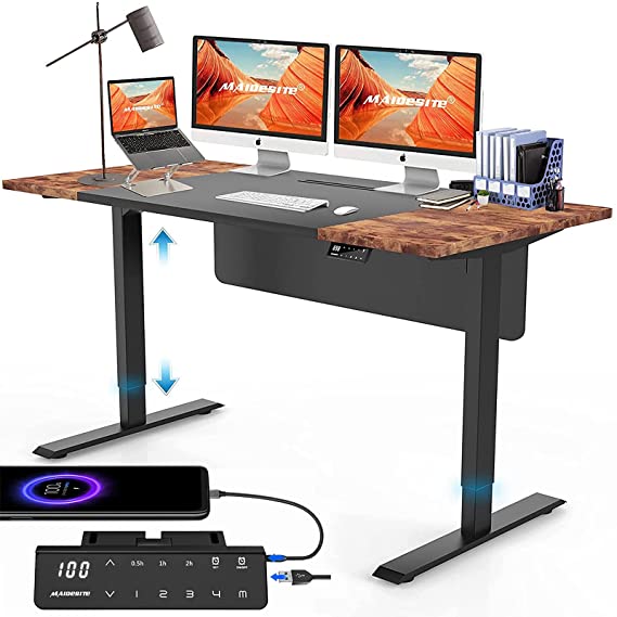 MAIDeSITe Dual Motor Height Adjustable Standing Desk with USB Charger, 60 x 30 Inches Electric Stand Up Desk, Sit Stand Table Home Office Desk with Splice Board, Black Frame/Vintage Top