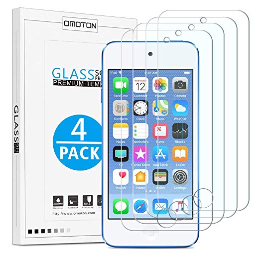 OMOTON [4 Pack] Tempered Glass Screen Protector for New iPod Touch (7th Gen 2019 Release / 6th & 5th Gen)