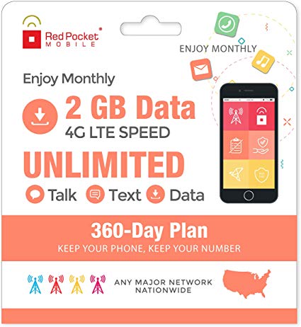 $21/Mo Red Pocket Prepaid Wireless Phone Plan   SIM: Unlmtd Everything 2GB LTE