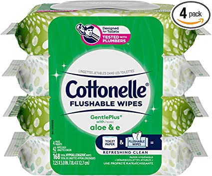 Cottonelle GentlePlus Flushable Wet Wipes with Aloe & Vitamin E - 4 Flip-Top Packs, 168 Total Flushable Wipes