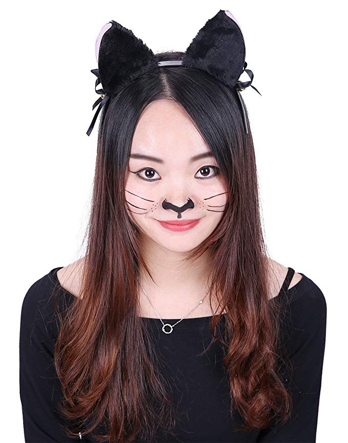 HDE Women's Cat Ear Headband Black Fur with Pink Inserts Ribbon Bow and Jingle Ball Neko Cosplay Costume Headwear Accessory