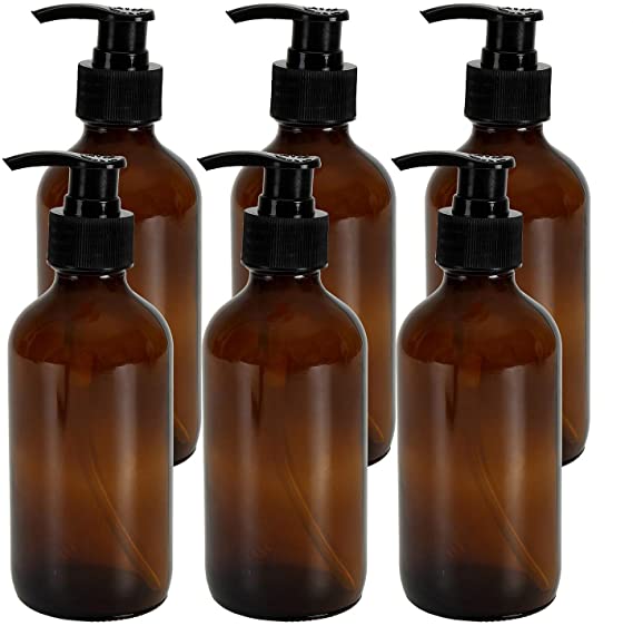 Bekith 6 Pack 8oz Amber Glass Bottles with Black Lotion Pumps - Refillable BPA-FREE Pump Bottle for holding liquid soaps, homemade lotions, shampoos