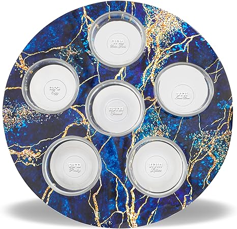 Decorative Passover Seder Plate Artistic Blue and Gold Marble Marble Decal Passover Tray with 6 Glass Liners Marked with Seder Symbolic Foods Names (Blue Marble) by Zion Judaica