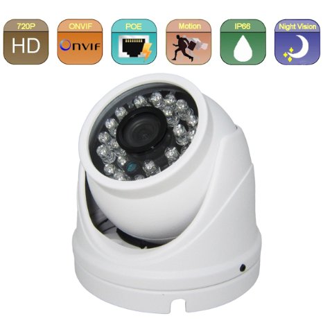 HOSAFE 1MD4P HD IP Camera POE Outdoor 1MP 1280x720P Night Vision ONVIF H.264 Motion Detection Email Alert Remote View Via Smart Phone/Tablet/PC, Working With Foscam IP Camera Software Blue Iris iSpy IP Camera DVR(White)