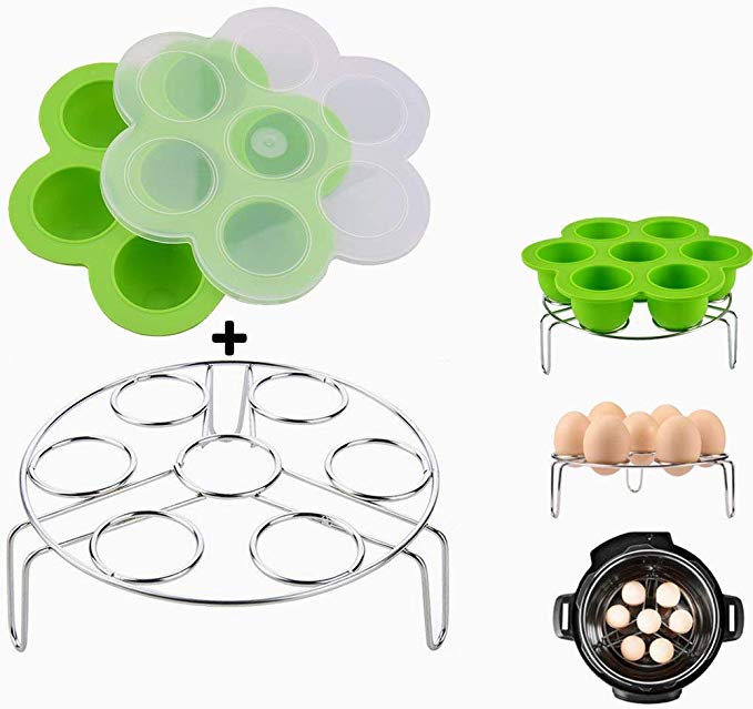 Green Silicone Egg Bites Molds with Stainless Steel Egg Steamer Rack for Instant Pot Accessories, Pressure Cooker Food Steamer, Vegetable Steam Rack Stand and Reusable Storage Container