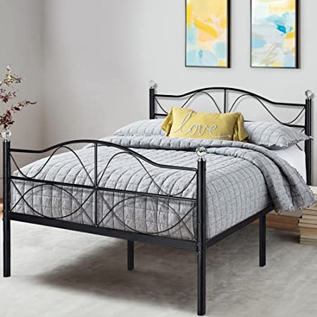 VECELO Queen Size Metal Platform Bed Frame with Headboard, Heavy Duty Steel Slat Support/ No Box Spring Needed Mattress Foundation/ Underbed Storage Space, Deluxe Crystal Ball Decor, Matte Black