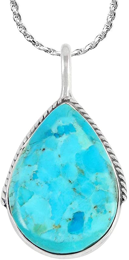 Turquoise Pendant Necklace 925 Sterling Silver Genuine Turquoise (with 20" Rope Chain)
