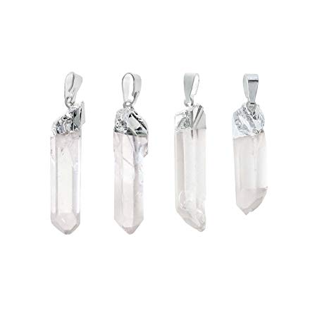 Wholesale 4 PCS Raw Clear Quartz Crystal Charm Natural Stone Pendant Chakra Healing Point Reiki Charm Bulk for Jewelry Making (Silver)