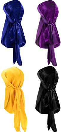 4 Pieces Men's Velvet Durag with Long Tail Soft Durag Headwraps for 360 Waves