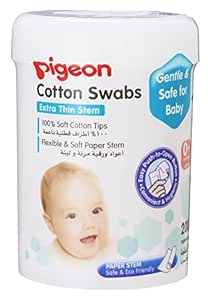 Pigeon Cotton Swabs Extra Thin Stem,BPA Free,100 % Soft Cotton Tips,Eco Friendly,White,200 pcs