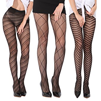 FAYBOX 3 Pack Fishnet Stockings Hollow Stretchy Tights Seamless Sexy Net Pantyhose Women