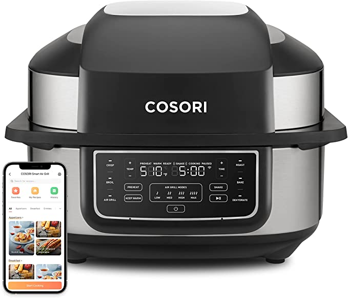 COSORI Indoor Grill Smart XL Air fryer, 8-in-1 with Bake, Roast, Crisp, Dehydrate, Broil, Shake Remind & Keep Warm & Preheat, Recipes & 6 Accessories, Works with Alexa & Google Assistant, Silver