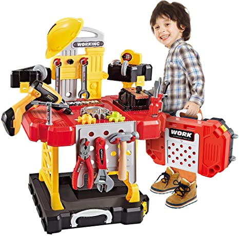 82 Pieces Kids Pretend Power Workbench Construction Tool Bench Set with Toy Tool Drill, Boys Toy Work Shop Tools for 2 3 Years Toddlers