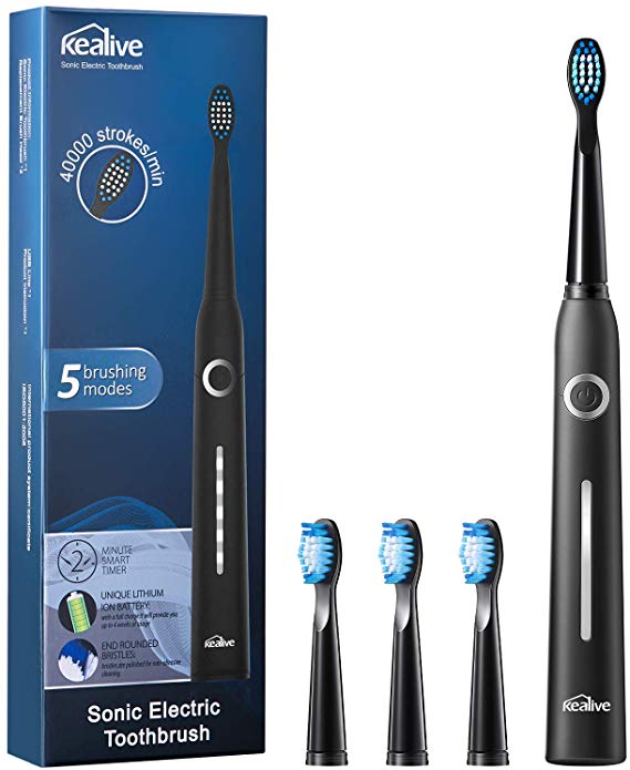 Sonic Electric Toothbrush, Kealive Ultra Whitening Powered Toothbrush with 5 Optional Modes, 2 Mins Smart Timer, 40,000 VPM Motor, USB Fast Charging Travel Toothbrush with 3 W Replacement Heads, Black