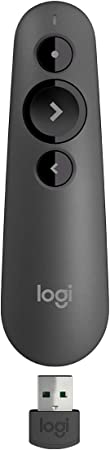 Logitech R500s Laser Class 1 Presenter Bluetooth and USB / Presentation Clicker - Universal Compatibility, 20m range, Customisable, Smart Battery 12 months usage - Dark Grey