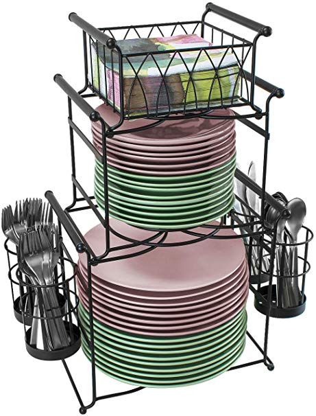 Sorbus Buffet Caddy — 7-Piece Stackable Set Includes Plate, Napkin, and Silverware Holder, 3-Tier Detachable Tabletop Organizer — Ideal for Kitchen, Dining, Entertaining, Parties,Thanksgiving (Black)