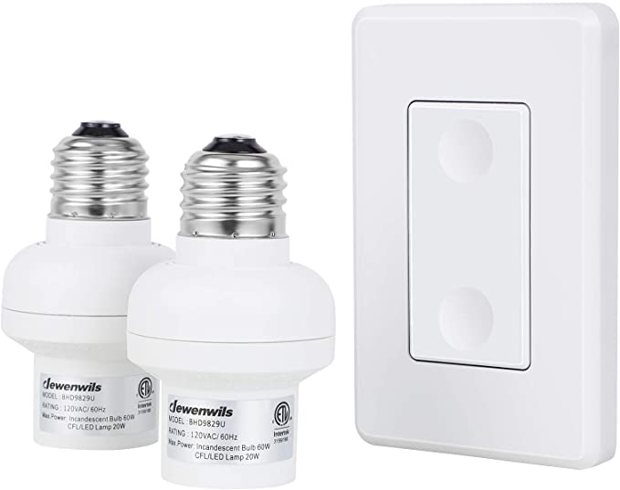 DEWENWILS Remote Control Light Socket, 1 Wall Mounted Switch and 2 Bulb Base, No Wiring Required, Wireless Light Switch and Receiver Set, Expandable, ETL Listed, White