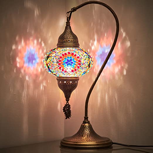 Turkish Moroccan Tiffany Style Handmade Colorful Mosaic Table Desk Bedside Night Swan Neck Lamp Light Lampshade, Multicolor, 19"